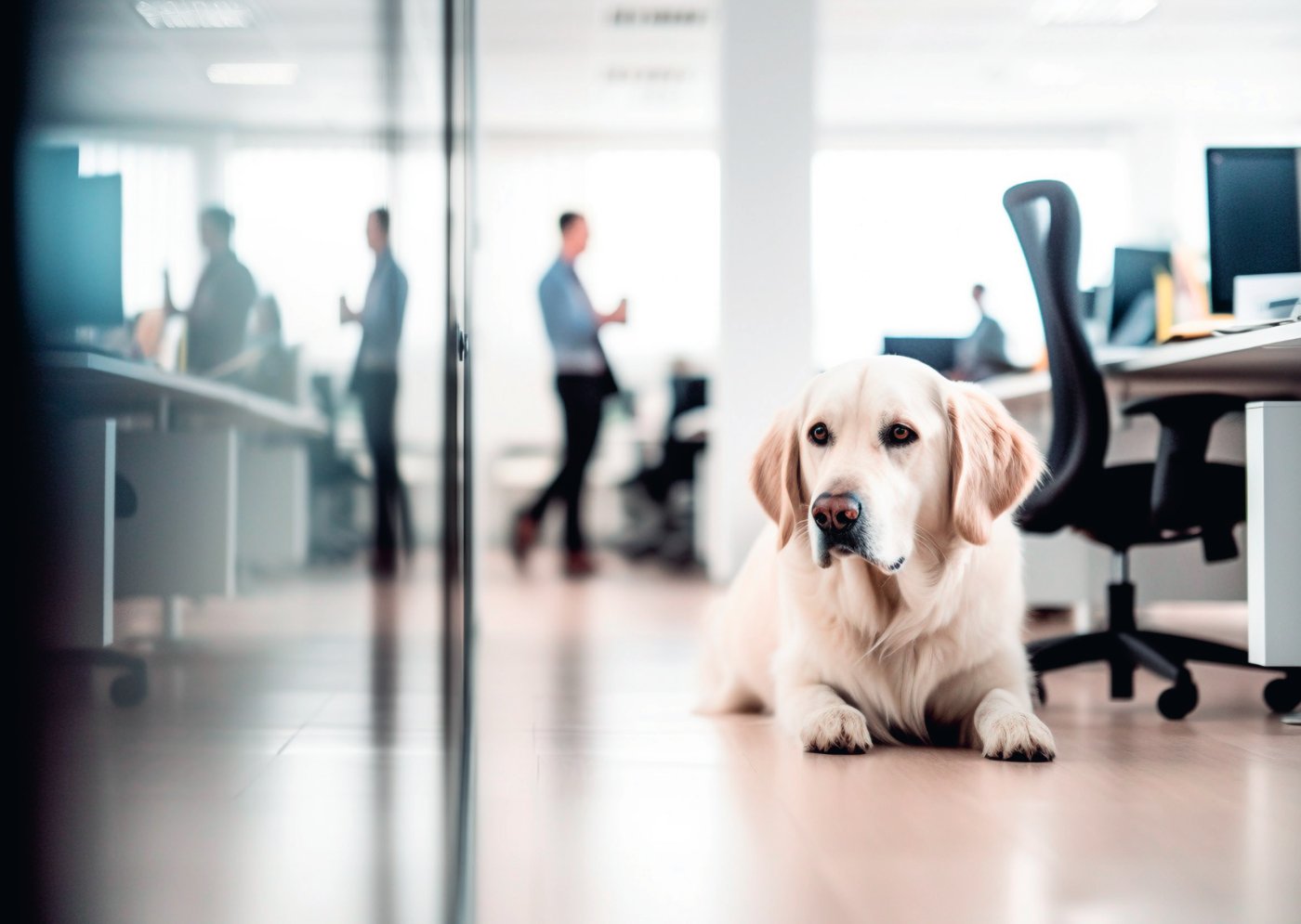 Golden Retriever liegt entspannt im hellen Büro neben arbeitenden Mitarbeitenden